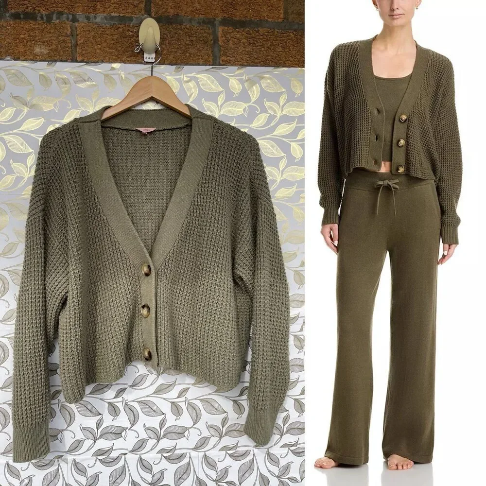 Eberjey Sage Green Waffle Knit Cardigan | Recycled Cotton Chunky Sweater M
